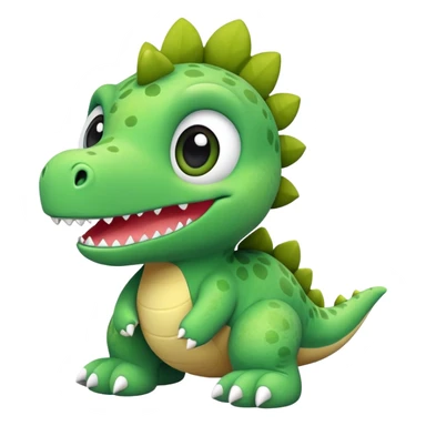 A green plush toy dinosaur with big eyes and a cute smile sticker