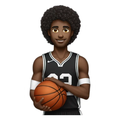 black basketball player holding the notebook wearing black and white jersey number 2 curly hair and handband sticker