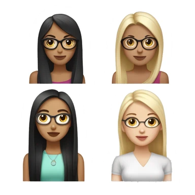 four girlfriends one with black straight hair with white skin arab, the second asian with black straight hair that shimmers into blond, the third asian with brown straight hair, the fourth russian with glasses with brown straight hair sticker