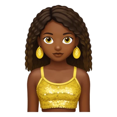 Sasha from Bratz with long dark brown hair, dark skin, hazel eyes, yellow sequin crop top sticker