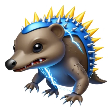 a fantastical dangerous and spooky electric platypus merged with a hedgehog with sharp teeth, metal electric spikes, and strong fangs, electricity and lightning coming, menacing look, yellow and blue lightning bolts sticker