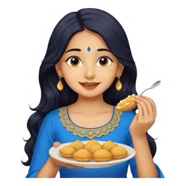 a pretty tan indian bratz girl with wavy long BLACK hair. eyeliner on, wearing a blue kurti, eating golgappa. NO SPOON sticker