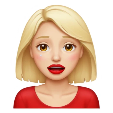 blonde having crying emoji tears (water-emoji) from hard laughter. really happy in general, happy eyes. red lipstick sticker