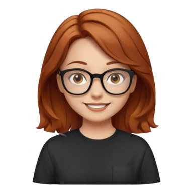red-brown haired girl, middle length straight hair - wavy towards the ends, brown almond eyes, thick black glasses, oversized shirt sticker