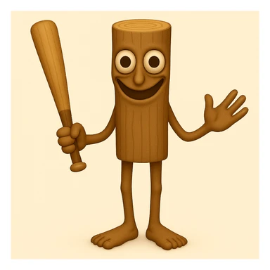 Make the stump character much skinnier and longer, with a face that is even creepier—large, wide, staring eyes and an exaggerated unsettling smile, closely matching the new reference image. Keep arms and legs, holding a baseball bat. Render in emoji style. sticker