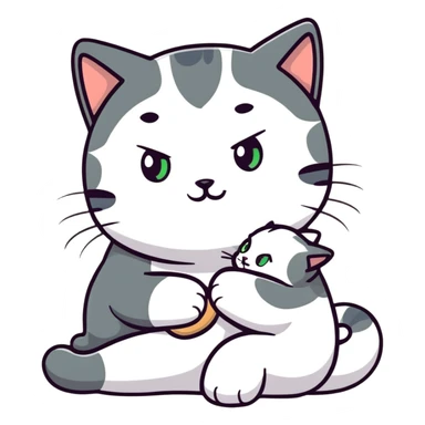 grey green eyed cat sitting on white skin brunette girl’s lap sticker