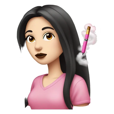 Pale girl with long black hair and brown eyes smoking a pink vape pen with hearts on it sticker