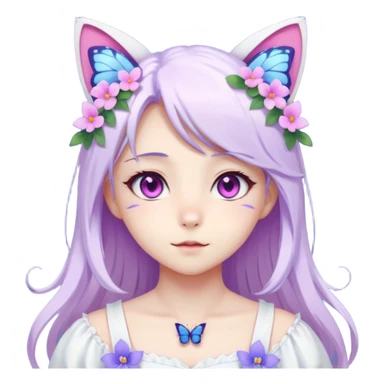 female anime character with pink eyes long white hair periwinkle highlights and cat ears on her head. She is wearing a white dress with purple flowers and butterfly. sticker