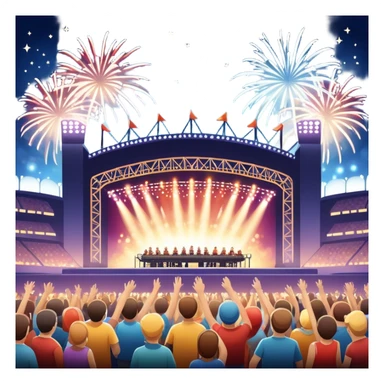 An icon showing a stadium stage with a concert in full swing, bright stage lights illuminating the performers, and fireworks bursting in the sky. The excitement of the crowd is palpable, symbolizing a love for live music and unforgettable shows. transparent background. sticker