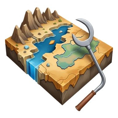 An icon featuring a crowbar and a geological map, and layers of Earth’s crust, symbolizing geology. The design includes mineral samples, fossils, and tectonic plates, representing the study of Earth’s structure and natural processes. Transparent background highlights geological exploration sticker