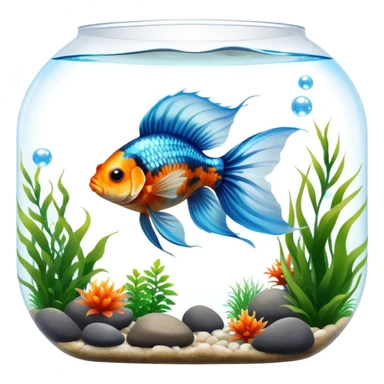 Large aquarium fish like veil tails and lionhead goldfish swimming gracefully in a beautifully decorated aquarium. Colorful aquatic plants, smooth rocks, and gentle bubbles surround the fish. The water shimmers in sunlight, creating a peaceful and vibrant underwater scene. Transparent background. sticker