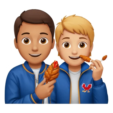 Human eating a chicken wing while watching hockey wearing a jacket with his friend smiling beside him. sticker