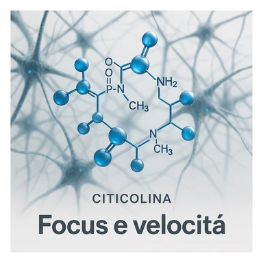 Citicolina come neurotrasmettitore per il focus, iper realistico, molecola blu che attraversa una rete neurale, scritta 'Focus e velocità', atmosfera scientifica, sfondo bianco sticker