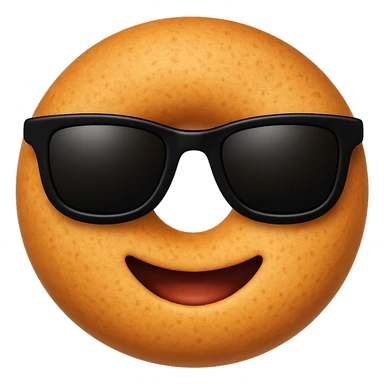 Make the dough a perfect circle with holes like a classic donut, add a textured surface, and use the same black sunglasses as the cool emoji on iPhone. Keep the background transparent. The style should resemble the iPhone emoji style with a clean and polished look. sticker