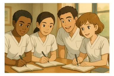 Four nursing students working together, Ghibli style, wearing short-sleeved white medical tunics with V-neck collars, left chest pockets, no stand-up collars, no stethoscopes, clean sleeves with no fabric extending beyond the sleeves. Faces and styles inspired by four provided photos. sticker