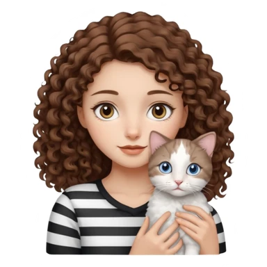 Haz un emoji de una chica con piel clara, ojos marrones, cabello castaño, rizado, cargando a un gato blanco con rayas negras y grises con ojos azules  sticker