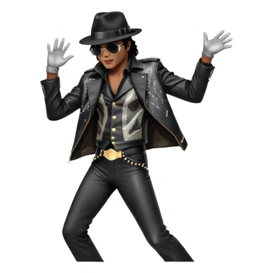Icon of Michael Jackson as R&B legend: wearing a black fedora, sparkling glove, and leather jacket, striking a moonwalk pose. Background with musical notes and abstract patterns, capturing the energy and soul of R&B. Transparent background. sticker