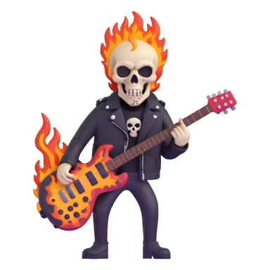 heavy metal skull with flames, electric guitar, leather jacket sticker