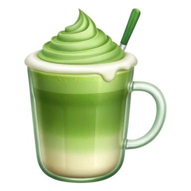 glass cup of matcha latte with green gradient and creamy top sticker