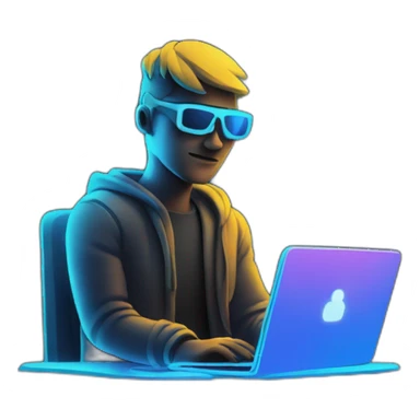 programmer with laptop in dark neon room sticker