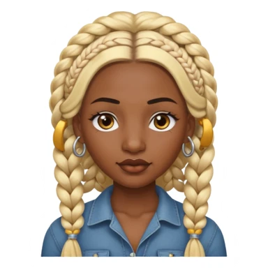 A dark-skinned woman with long blonde hair styled into two thick braids, large golden-brown eyes and arched eyebrows.  a silver eyebrow ring, a nose stud, and a lip ring. sticker