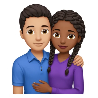 Boyfriend who is middle Easterntan olive skinned with blue eyes and wavy straight brown hair in a blue shirt and his African girlfriend who is very black skinned, juicy lipped with black braided hair and the two are hugging and smiling hugely she’s wearing purple and she has black eyes sticker