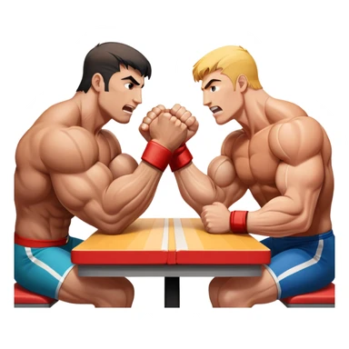 Two strong competitors locked in an intense arm wrestling match, muscles tensed as they battle for victory. The table is well-lit, showcasing their focused expressions and powerful arm grips. The background features a competitive arena with a cheering crowd. Transparent background. sticker