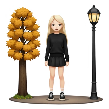 девушка с русыми длинными волосами,  в черной короткой юбке и вязаной черной кофте с дырками, в белых кедах рядом с фонарным столбом sticker