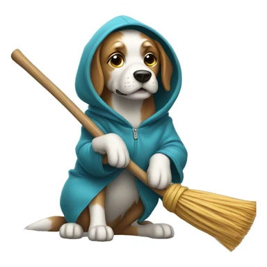 Dog wearing hoodie riding a broom  sticker