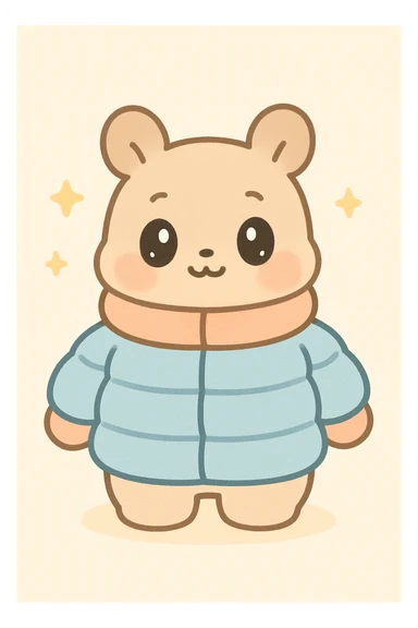 animal character wearing a thick padded jacket, cute and cozy sticker
