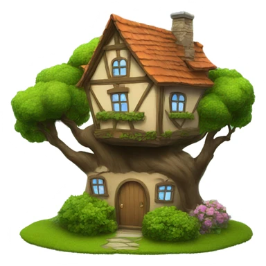 a fantasy house with a tree and bush  sticker