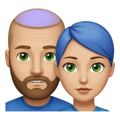 Man on left with shaved head with dark blonde beard and blue eyes, woman on the right with long dark brown hair green eyes  sticker