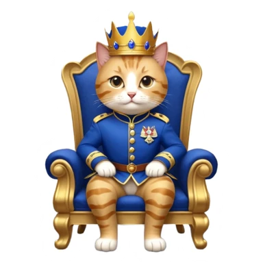 "A regal anthropomorphic cat, dressed in a royal blue and gold military uniform, sitting on a lavish marble throne in a grand, dimly lit palace hall. Cinematic lighting, highly detailed, dramatic, 10 seconds, ultra-realistic."
​ sticker
