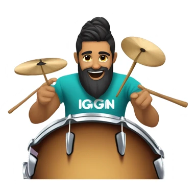 Illustrate a Brazilian drummer with tied hair and a beard, with an expression of pure happiness while playing drums in a live stream. Make sure the logo "GG Lukas Drummer" is in the background. sticker