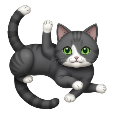 solid dark grey cat with green eyes, white toes/paws and white patch on her chest playfully rolling upside down sticker