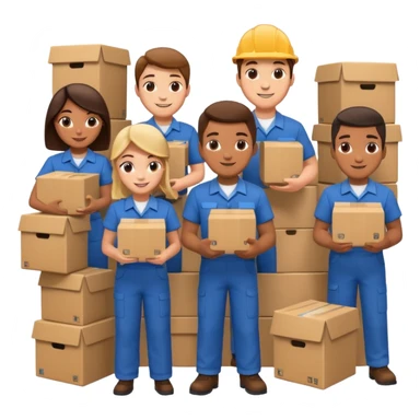 Generate a realistic emoji-style icon workers in a stoage room being efficient while packing sticker