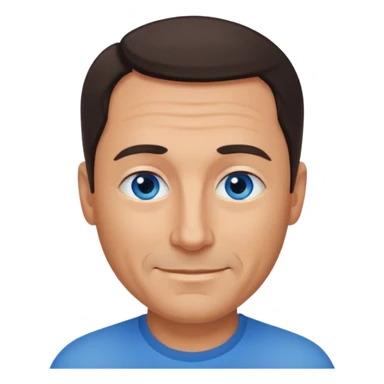 Middle aged man with tanned skin, receding dark hair and no beard, blue eyes, shy smile sticker