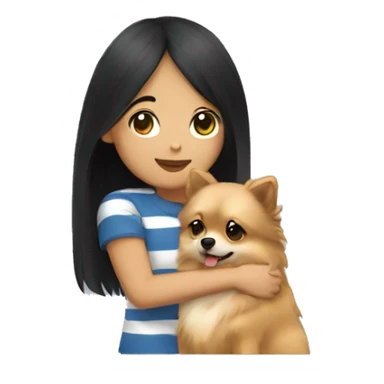 Girl hugging pomeranian. The girl has black hair and medium skin. She’s using a striped t-shirt. sticker