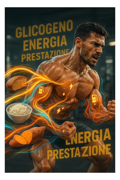 Uomo atletico di circa 30 anni durante un allenamento intenso in palestra, con muscoli ben definiti e sudati. Intorno a lui si visualizzano flussi energetici colorati che partono da fonti di carboidrati (pane integrale, riso, patate dolci) e si dirigono verso i suoi muscoli. I muscoli appaiono attivi, tesi e in pieno sforzo, con piccoli simboli di 'carburante' o energia che entrano nei tessuti. Espressione concentrata e potente. Sullo sfondo, parole come 'glicogeno', 'energia', 'prestazione'. Atmosfera dinamica, intensa e positiva. in italiano sticker