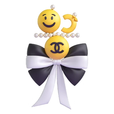 Change the bow to a satin ribbon bow, keep pearls and gold Chanel logo, elegant, glossy, black and white, 3D emoji style. sticker