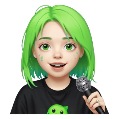 billie eilish is singing, holding mirco and smile, die hair neon lime sticker