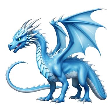 Cinematic Noble Fierce Ice Dragon full body Emoji, Poised and imposing, distinct long elegant snout, with a slender, scaled body shimmering in glacial hues of icy blue, frostbitten silver, and crystalline white, breathing out frost, with piercing, glowing eyes that radiate the chilling depths of an arctic storm; rendered in detail. displaying its wings sticker