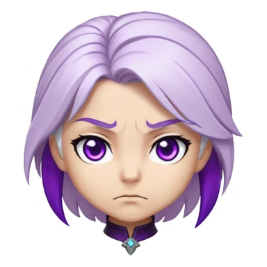 Chibi Sable Ward with intense focus expression, slightly furrowed brows, concentrated stare, white hair with purple streaks, fully purple eyes, determined look sticker