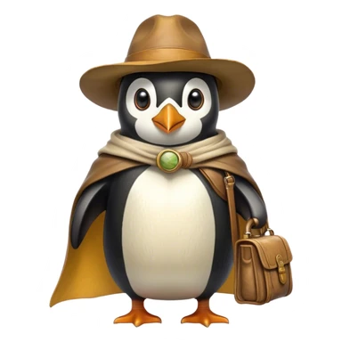 A explorer penguin inspired by Indiana Jones, wearing a weathered yellow enchanted hat and a flowing cape. It carries a leather satchel with ancient scrolls. Cartoon-style, smooth shading, highly detailed, no background sticker