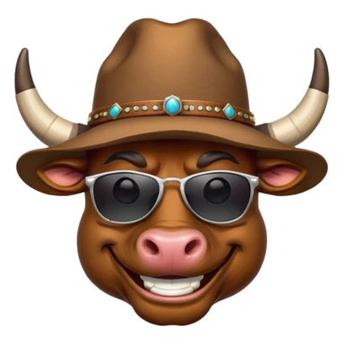 smiling bull head with prominent horns, dark sunglasses, and cowboy hat sticker