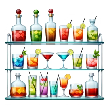 A glass shelf filled with cocktail bottles and fancy drinking glasses.
 sticker