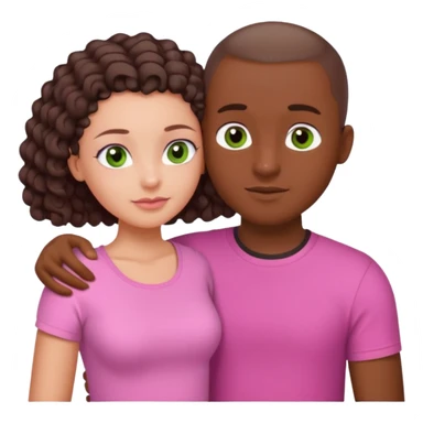 couple cuddling. Girl with dark skin, brown eyes, waist length long curly hair, wearing a pink top. Guy with white skin, green eyes buzz cut, in a white T-shirt.  sticker