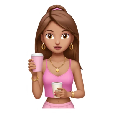 a pretty fair indian bratz girl with brown hair. with a pink cami top, drinking takeaway brown coffee, golden dainty necklace and carrying a white macbook sticker