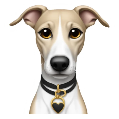 a beige with tabby colour whippet full body his The tip of the tail white colour and his left foot white color up up and a leash going out of frame, with a dark snout, black and white mouth patchy and black angel wing like eyes sticker