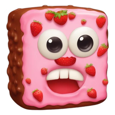 square cake with two strawberry eyes one bigger than the other, a mouth with frosting above it sticker